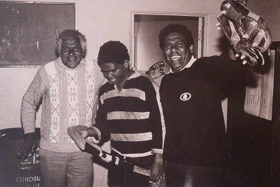 Gordie, Troy and Bruce Larpa Stewart after Troy kicked winning goal at Redfern oval-1988